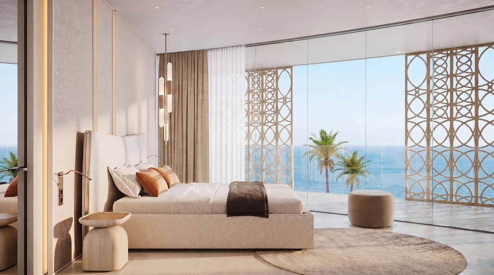 Villa master bedroom at Mira Ocean Estates with floor to ceiling windows over the Arabian Sea