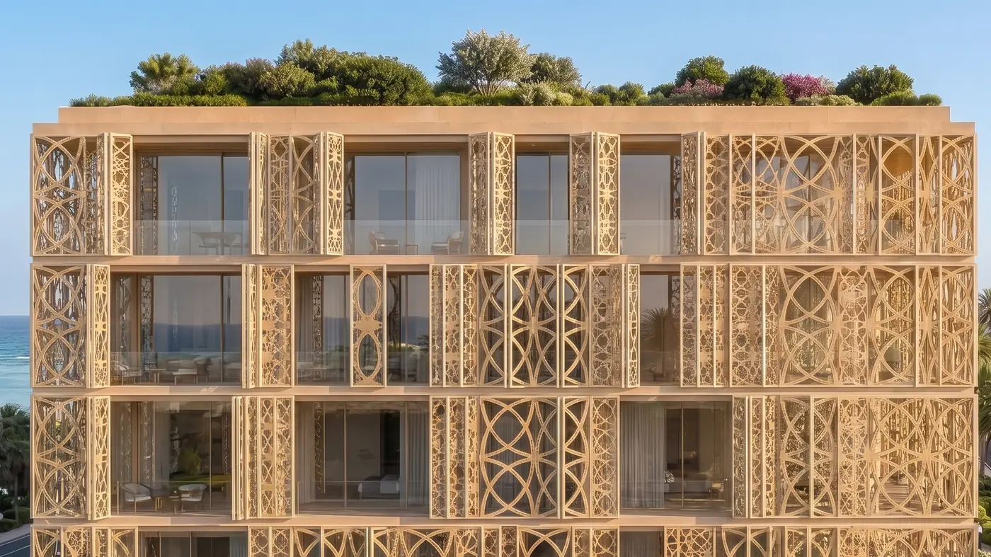 Carved mashrabiya facade of a Mira Ocean Estates residence with rooftop gardens and sea view