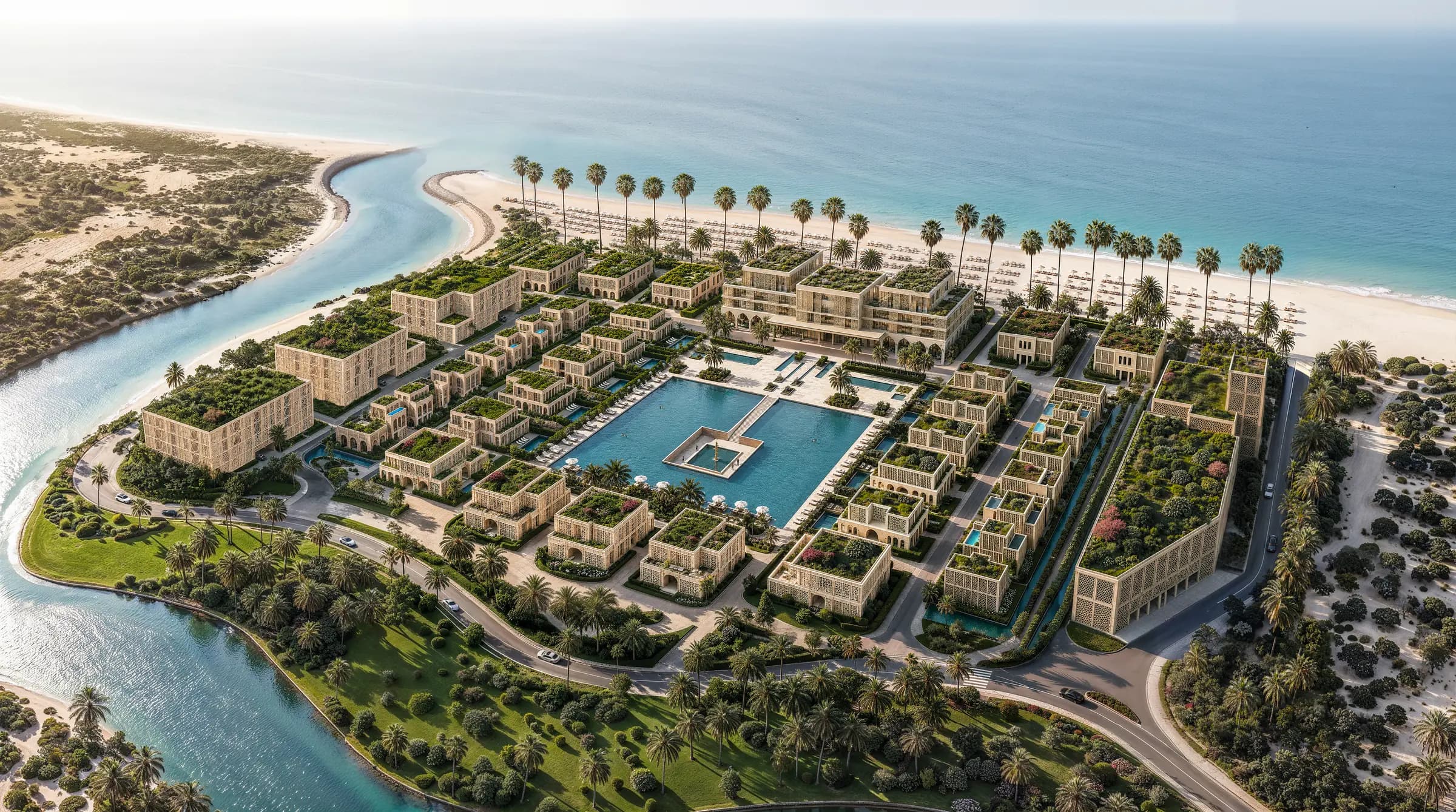 Aerial view of Mira Ocean Estates beachfront community in Salalah, Oman, with lagoon pool, gardens and the Arabian Sea