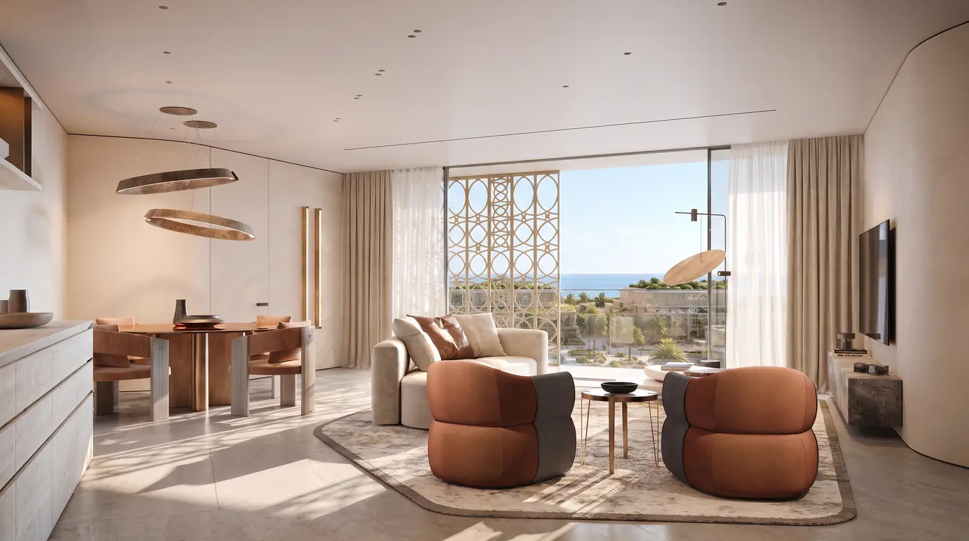 Furnished living room in a Trussardi Residences apartment at Mira Ocean Estates, Salalah, with sea view terrace
