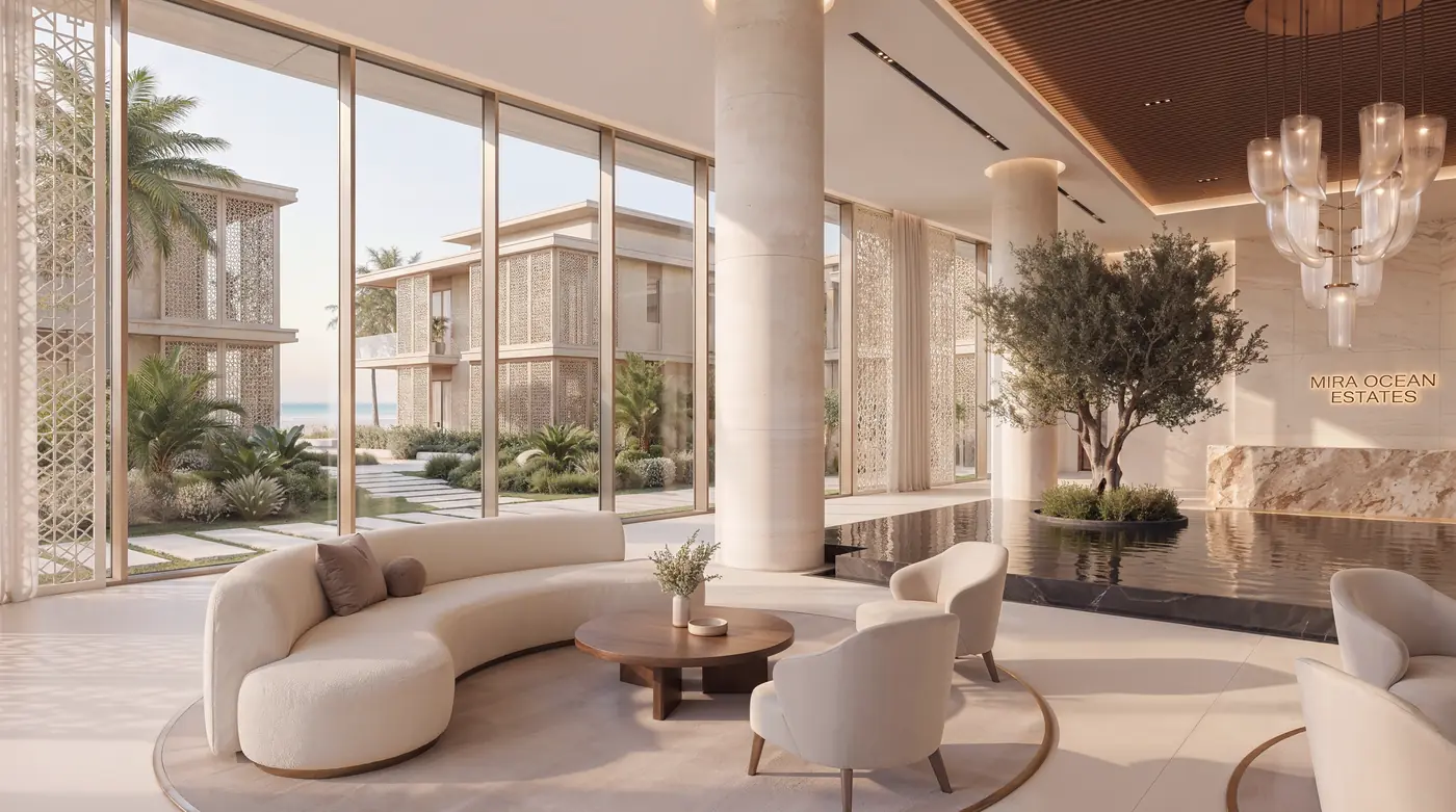 Hotel lobby lounge at Mira Ocean Estates opening onto the beachfront promenade