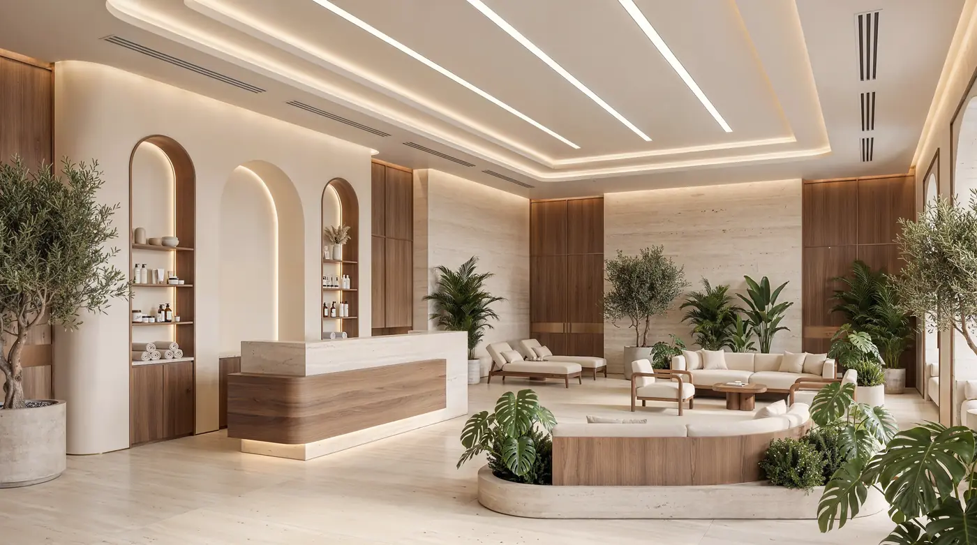 Spa reception and boutique with arched display niches at Mira Ocean Estates in Salalah