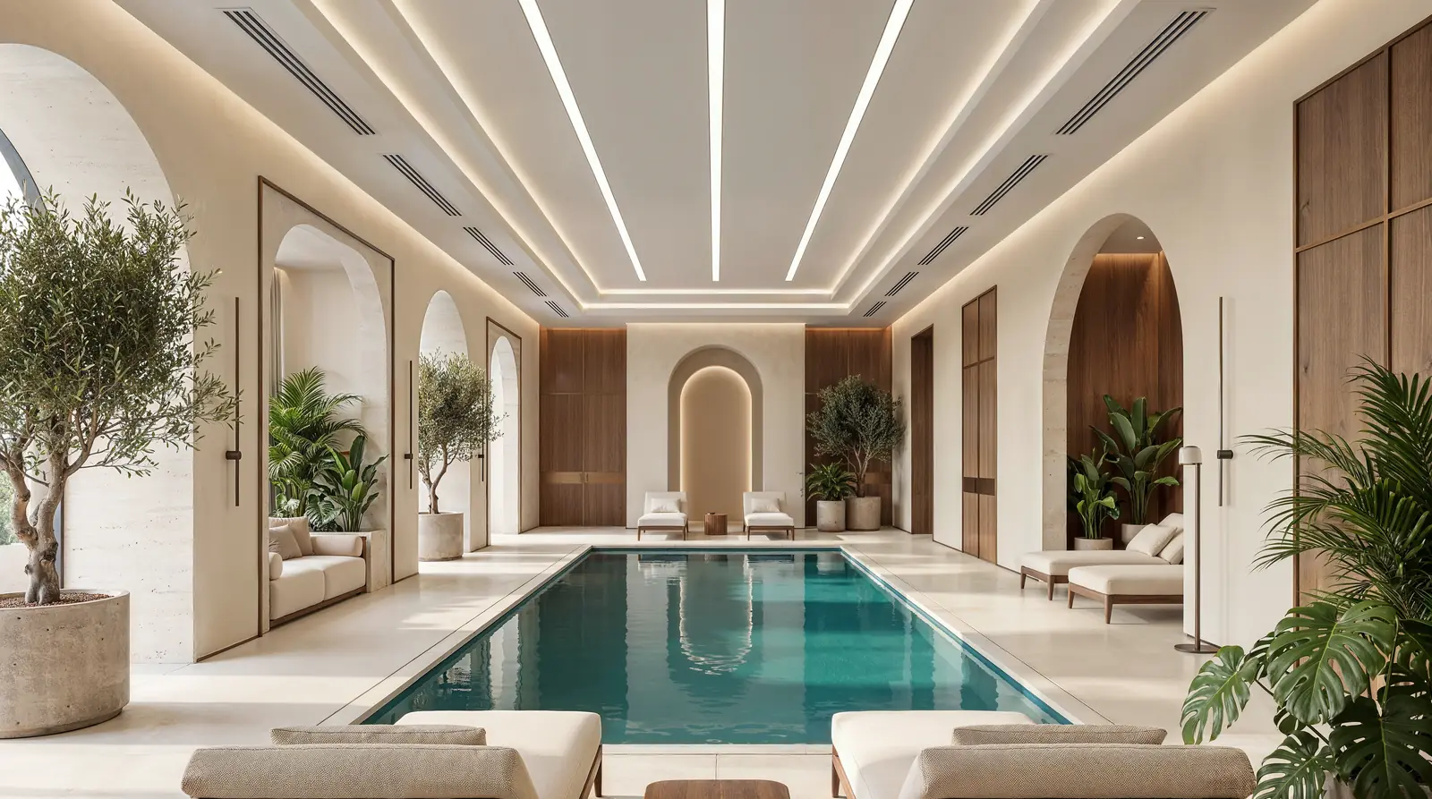 Indoor hydrotherapy pool at the Medical Wellness Centre and Spa in Mira Ocean Estates, Salalah, with arched alcoves and olive trees