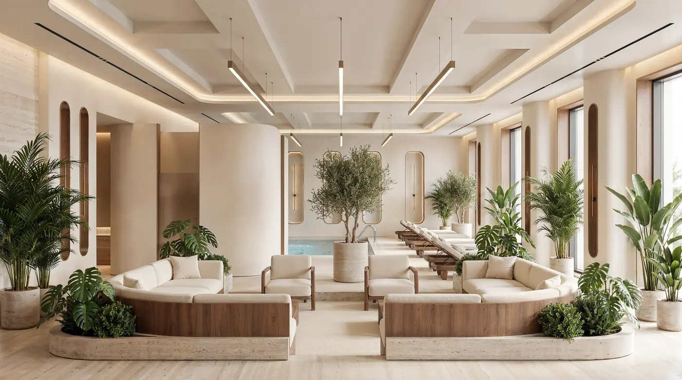 Relaxation lounge of the Mira Ocean Estates wellness centre with daybeds, greenery and natural light