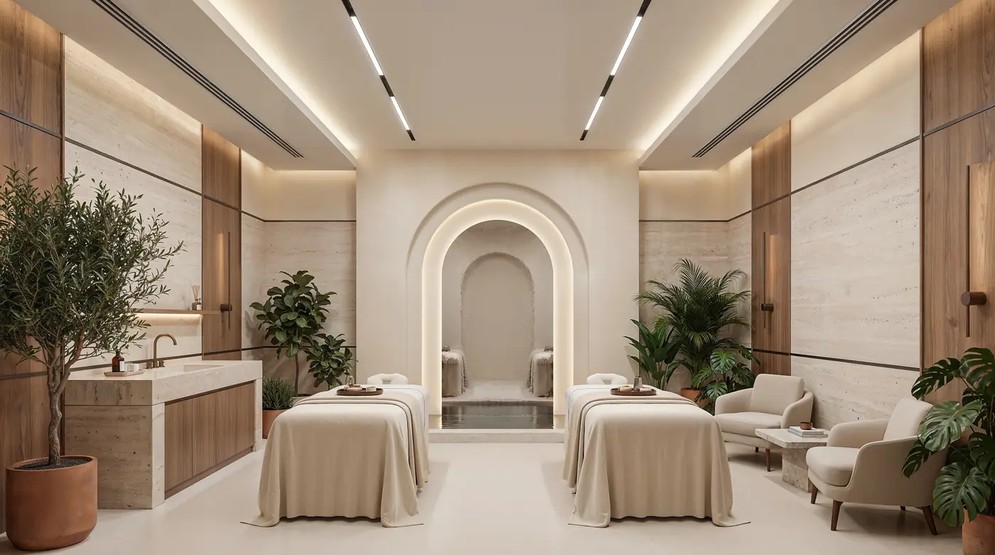 Couples treatment room with twin massage beds and a plunge pool at the Mira Ocean Estates spa